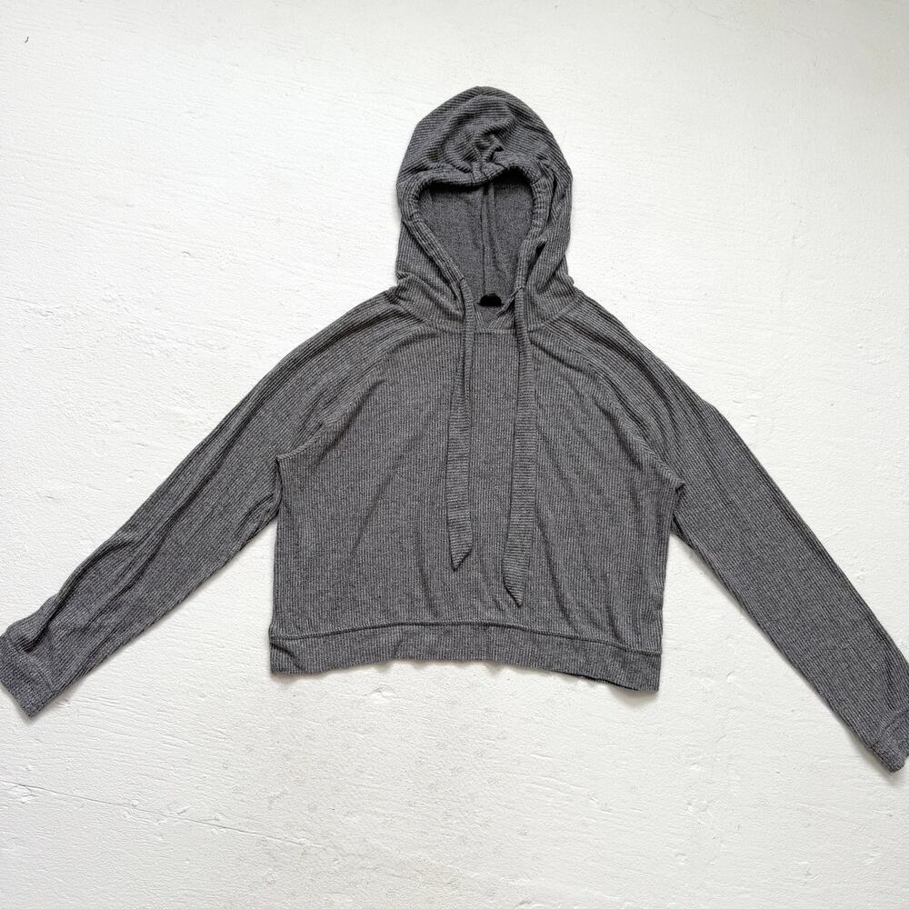 Free Press Heather Gray Ribbed Cropped Hoodie, Size Large